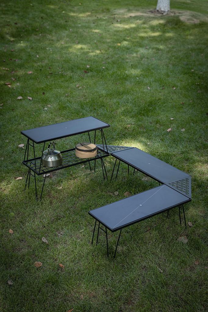 CAMPING MOON Minimal Rack, Connectable Aluminum Tabletops, Set of 2, Black, with Black Gears, M23-2P