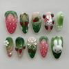 24Pcs 3D Strawberry Rabbit Flower Fake Nails Press On Mid-length Almond Wearable False Nails Green Gradient Pearl Manicure Tips