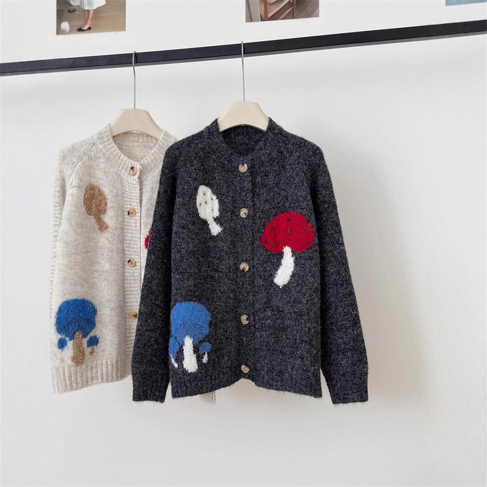 Autumn/Winter Cute Cartoon Mushroom Knit Cardigan – Age-Reducing, Soft & Cozy, Loose Long Sleeve Women's Sweater Coat.