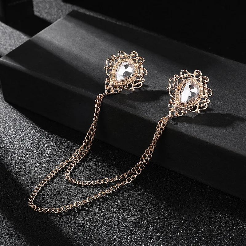 New Vintage Alloy Rhinestones Large Brooches Fashion Shawl Tassel Chain Lapel Pin Shirt Suit Jewelry for Men Wedding Accessories