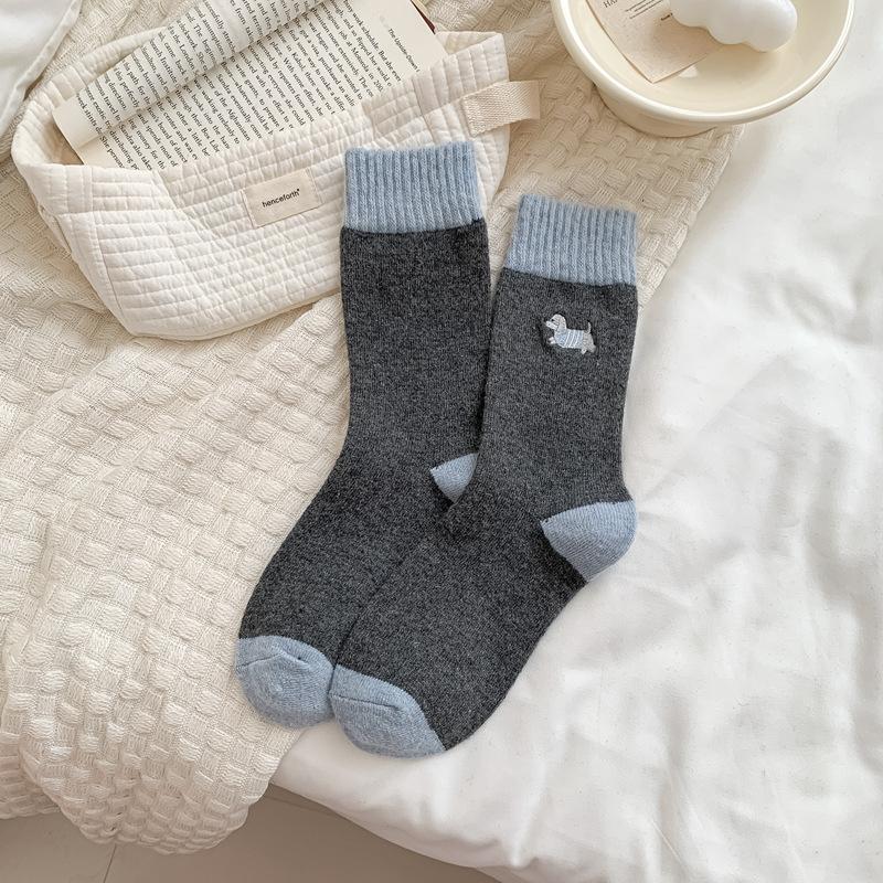 

Wool Socks Children S Winter Thickened Warm Cashmere Socks Women S Contrasting Color Cartoon Embroidered Medium Tube Socks One size fits all темно серый