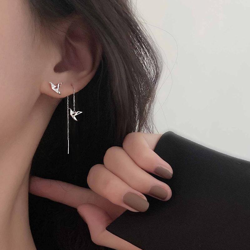 1 Pairs Drop Ear Line Long Hanging Earrings for Women Silver Color Paper Crane Piercing Threader Earing Ear Accessories Jewelry