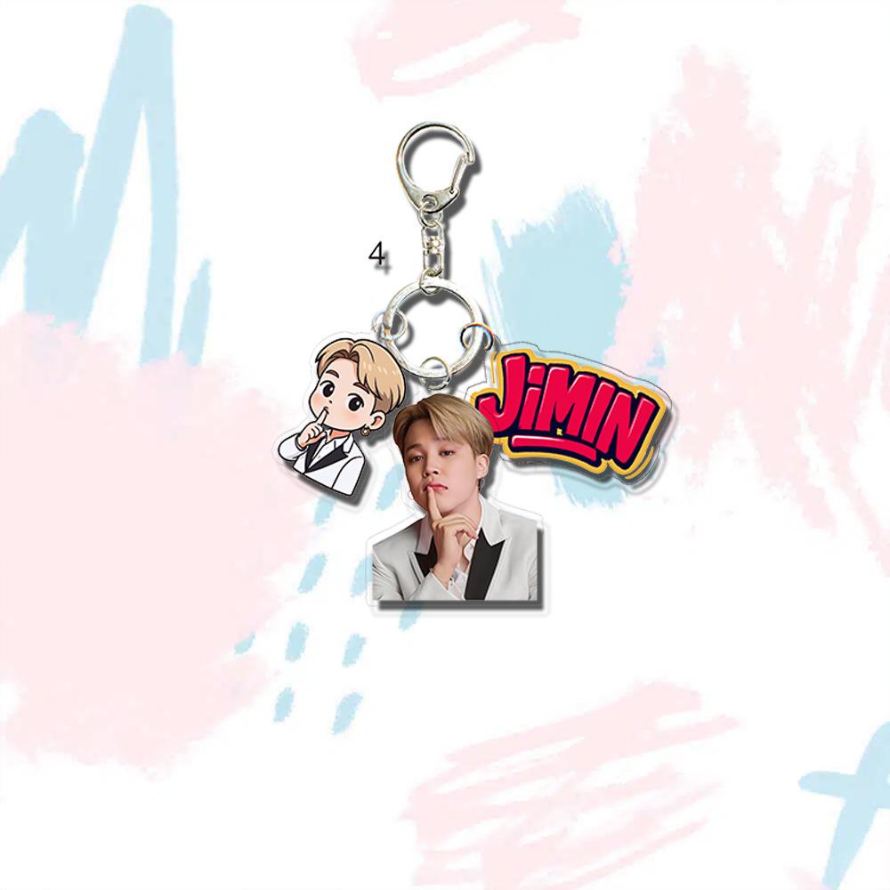 BTS White Suit Triple-Charm Keychain, Bangtan Boys Photo, Cartoon & Colorful Name Tag Keyring, Kpop Idol Bag Pendant for ARMY Fans