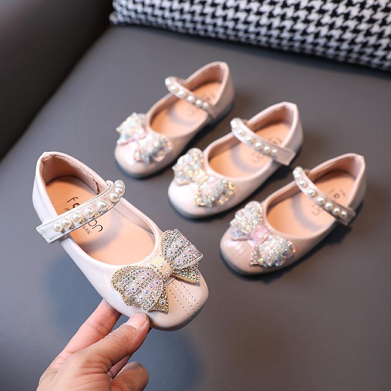 Girls' Leather Shoes Children's Soft-soled Princess Spring Shallow New Korean Big Kids Girls' Bow Rhinestone Pearls Dress Shoes