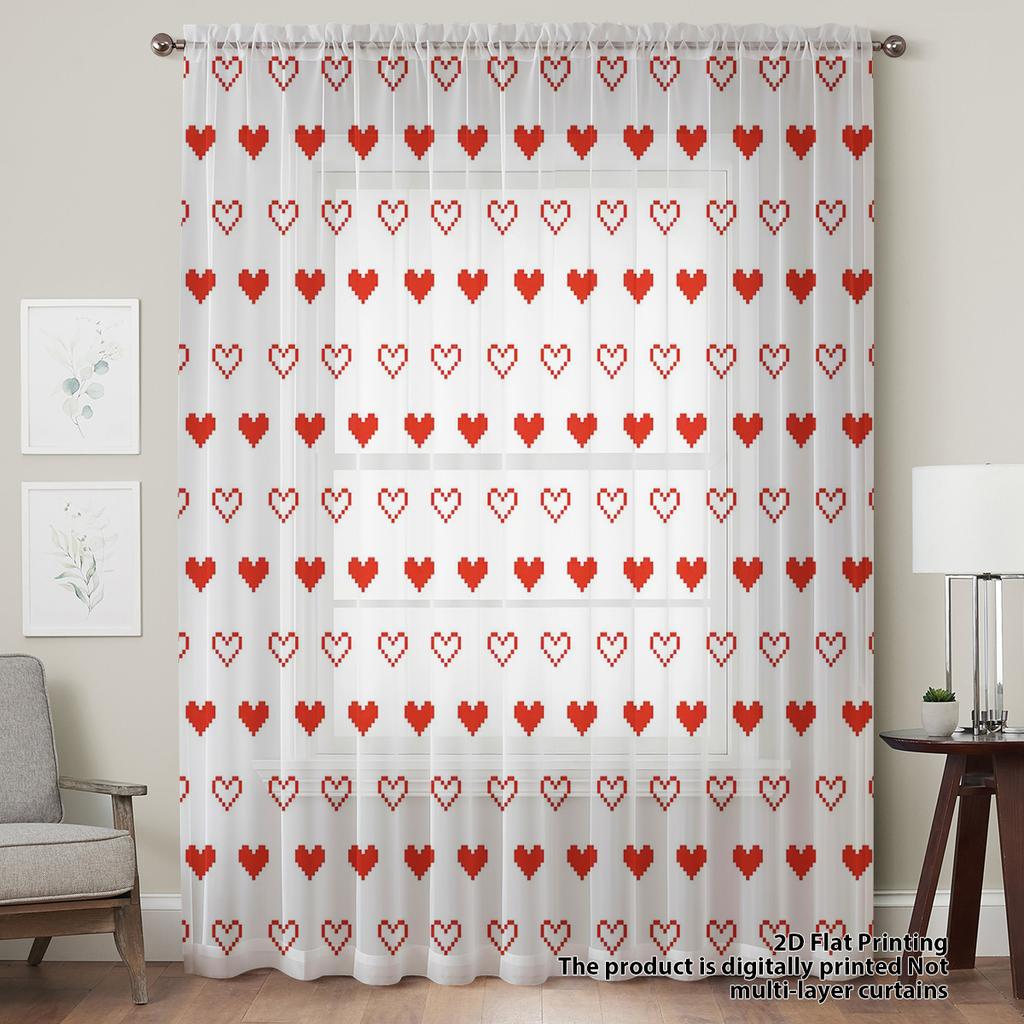 Red Heart Plaid Window Curtain Vintage Cool Romantic Decorative Festive Atmosphere Pole Insertion Window Treatment