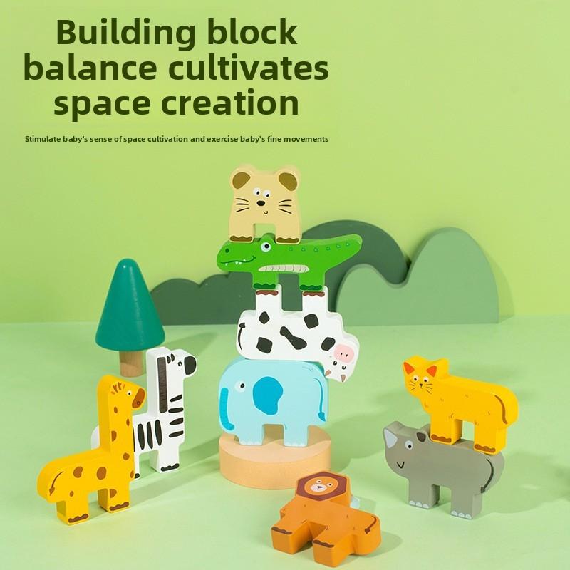 Wooden Lions Cows Elephants Animals Stacking Toy For Kids Educational Balance Building Kids Gift