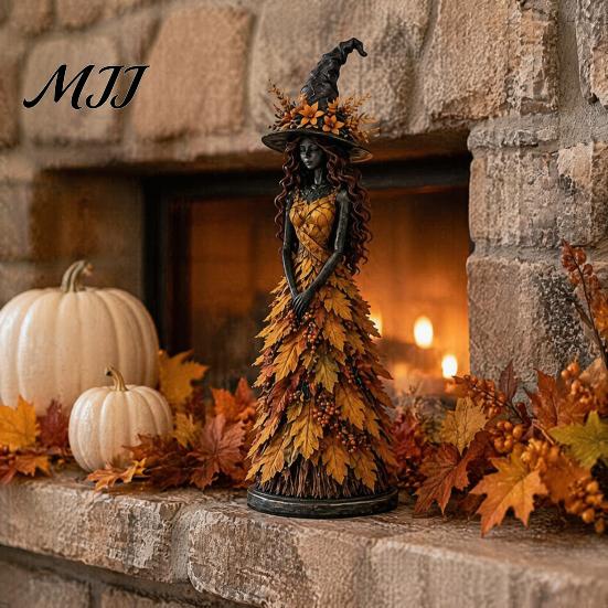 Halloween Witch Figurine Autumn Figurine, Fall Tabletop Statue with Leaf Resin Sculpture Table Ornament Gown, Seasonal Decoration for Mantel