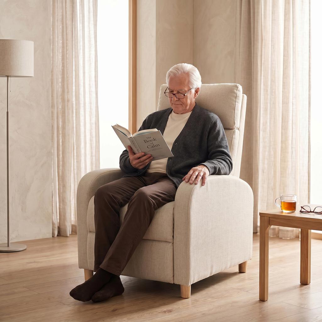 Manual Recliner Chair Up To 135 Degrees Linen Upholstery Pocket Spring Footrest High Backrest And Wooden Legs Beige