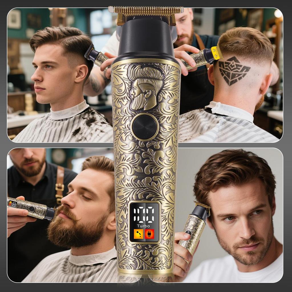 Hatteker Retro Oil Head Sculpting Bald Trim Clippers Digital Display Rechargeable Salon Hair Trimmer Wet/Dry for Man