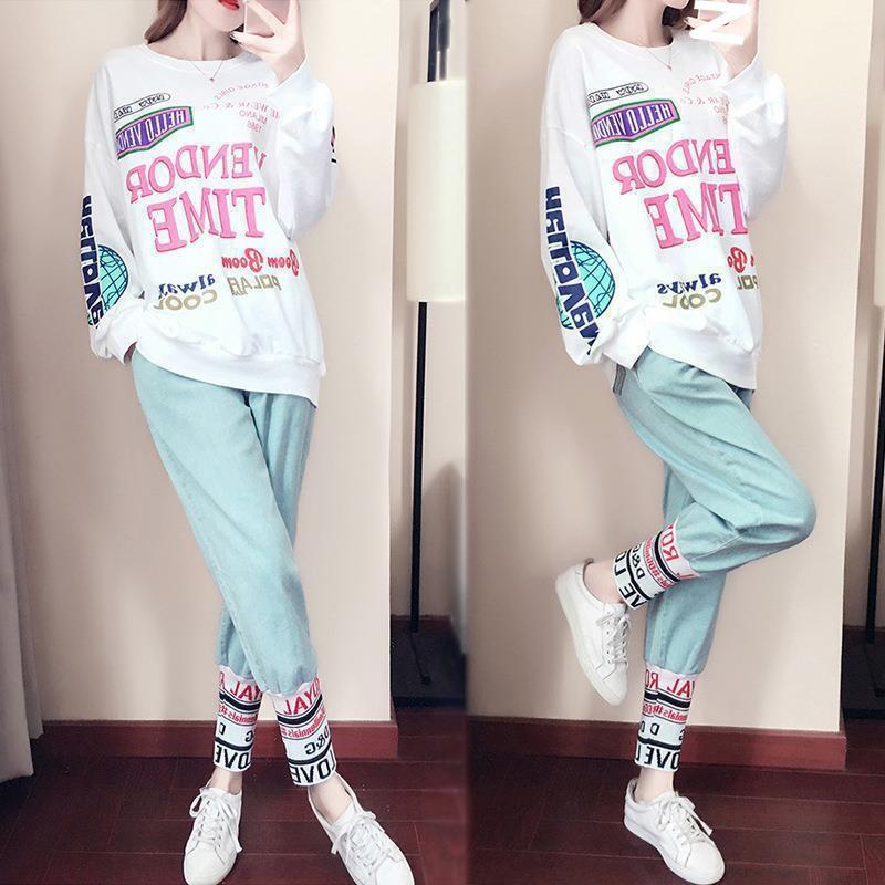 Two-piece Suit for Women's Sports and Leisure Autumn Student Hip-hop Sweatshirt Fashion Large Size Korean Style Loose Suit