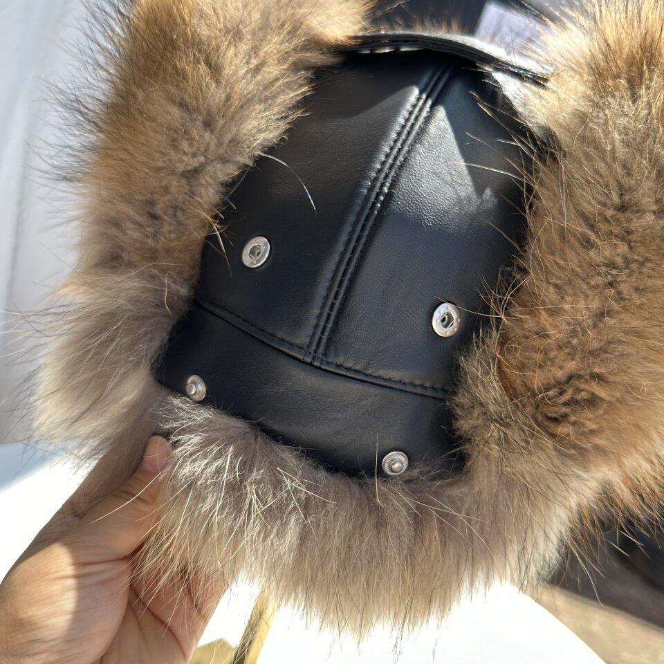 New Winter Men's 100% Real Silver Fox Fur Bomber Hat Raccoon Fur Ushanka Cap Trapper Russian Man Ski Hats Caps Real Leather