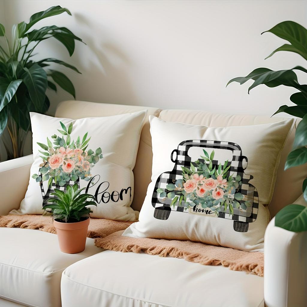 4Pc Country Style Pillowcases, Spring Floral And Checkered Truck Vase Prints, With Zippered Closure For Country Style Pillowcase