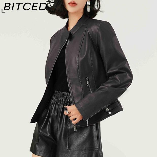 Fashionable Women's PU Leather Jacket, Stand Collar, Lightweight Spring/Autumn Style, Red Leather Jacket