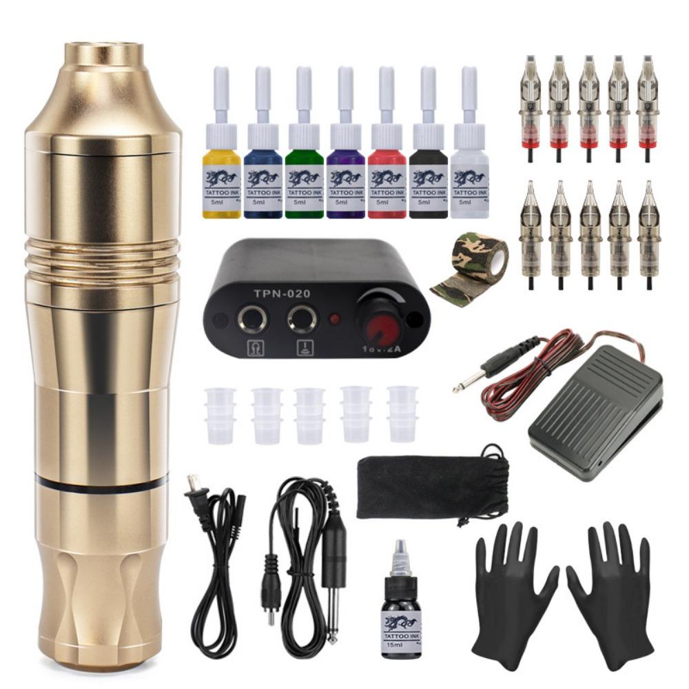 Tattoo Machine Kit with Power Supply, Pigment, 10 Needles and Accessories