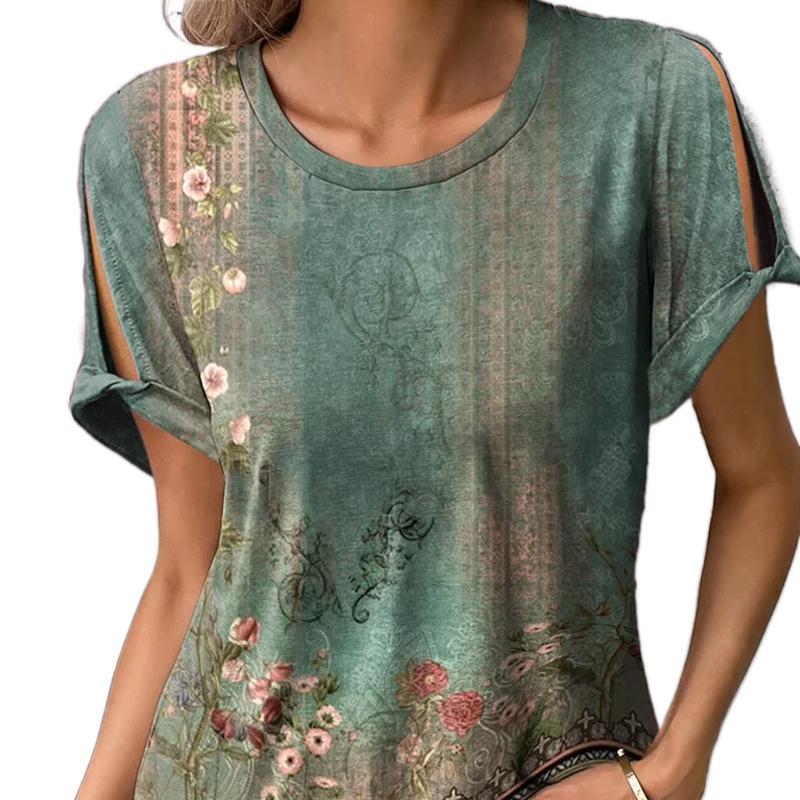 Primavera e verão nova camiseta feminina casual e confortável estilo étnico estampado de manga curta