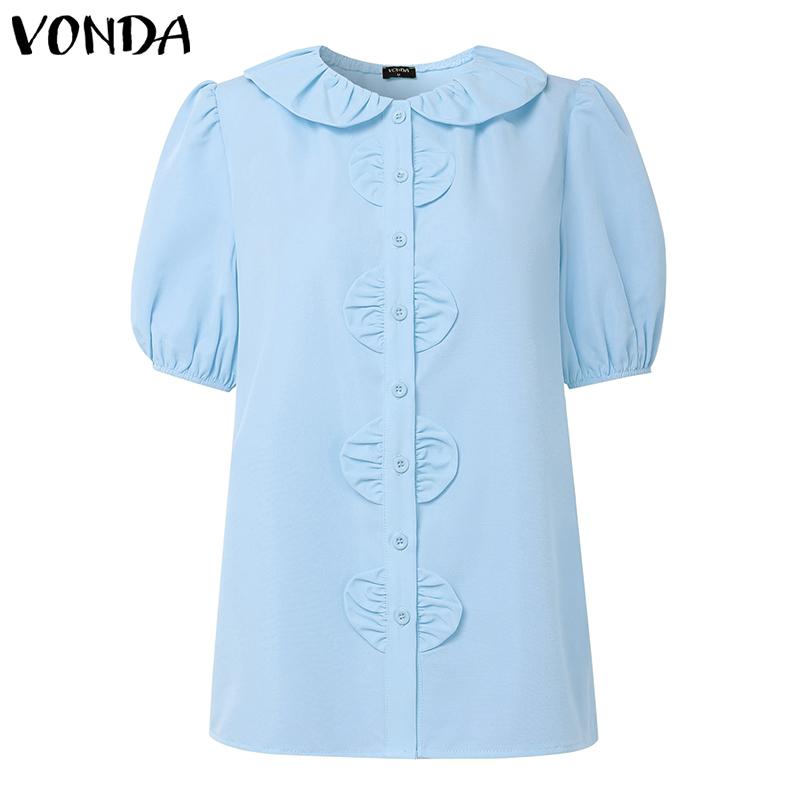

VONDA Women Short Puff Sleeve Side Buttons Up Ruffled Solid Casual Blouse 2XL синий