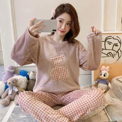 Thickened Warm Sleepwear for Winter Plus Size Fall and Winter Pajamas Girl Coral Velvet Cartoon Bear Two-Piece O-Neck Nightwear