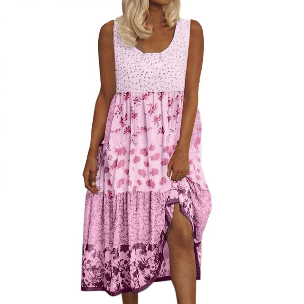 Women's Bohemian Floral Print Maxi Dress Sleeveless Round Neck Beach Flowy Party Beach Dress