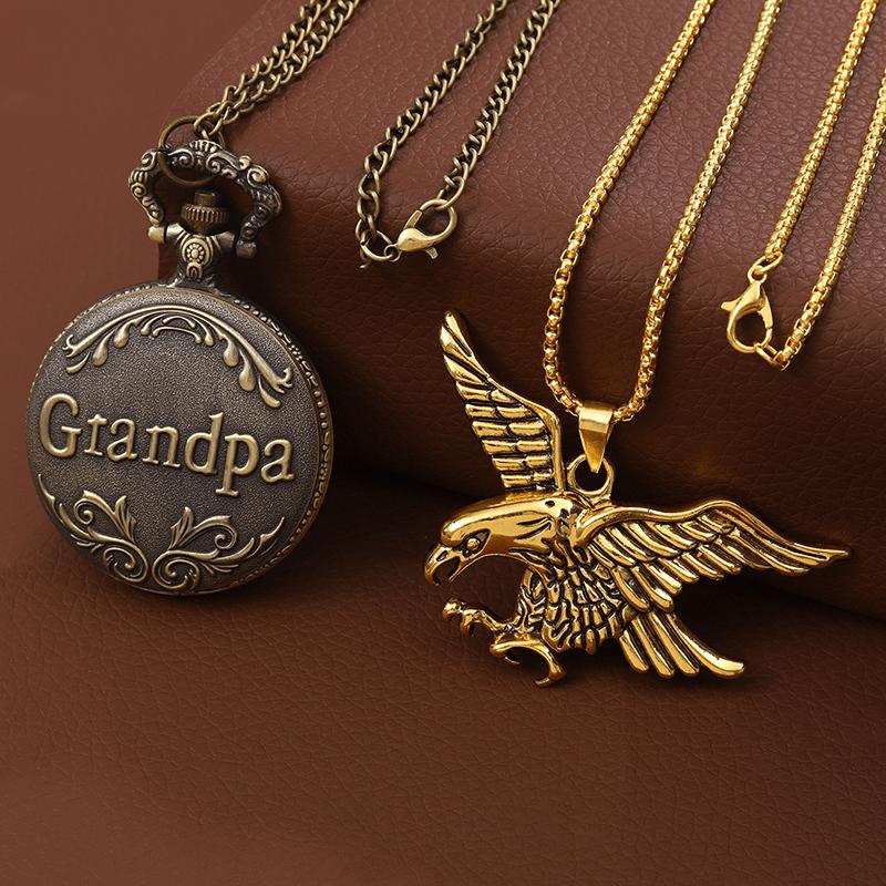 

Комплект из 2 предметов, мужские карманные часы, мужские карманные часы «Gandpa» из меди и кварца и 1 подвеска в виде золотого орла, идеальный выбор для подарка мужчине