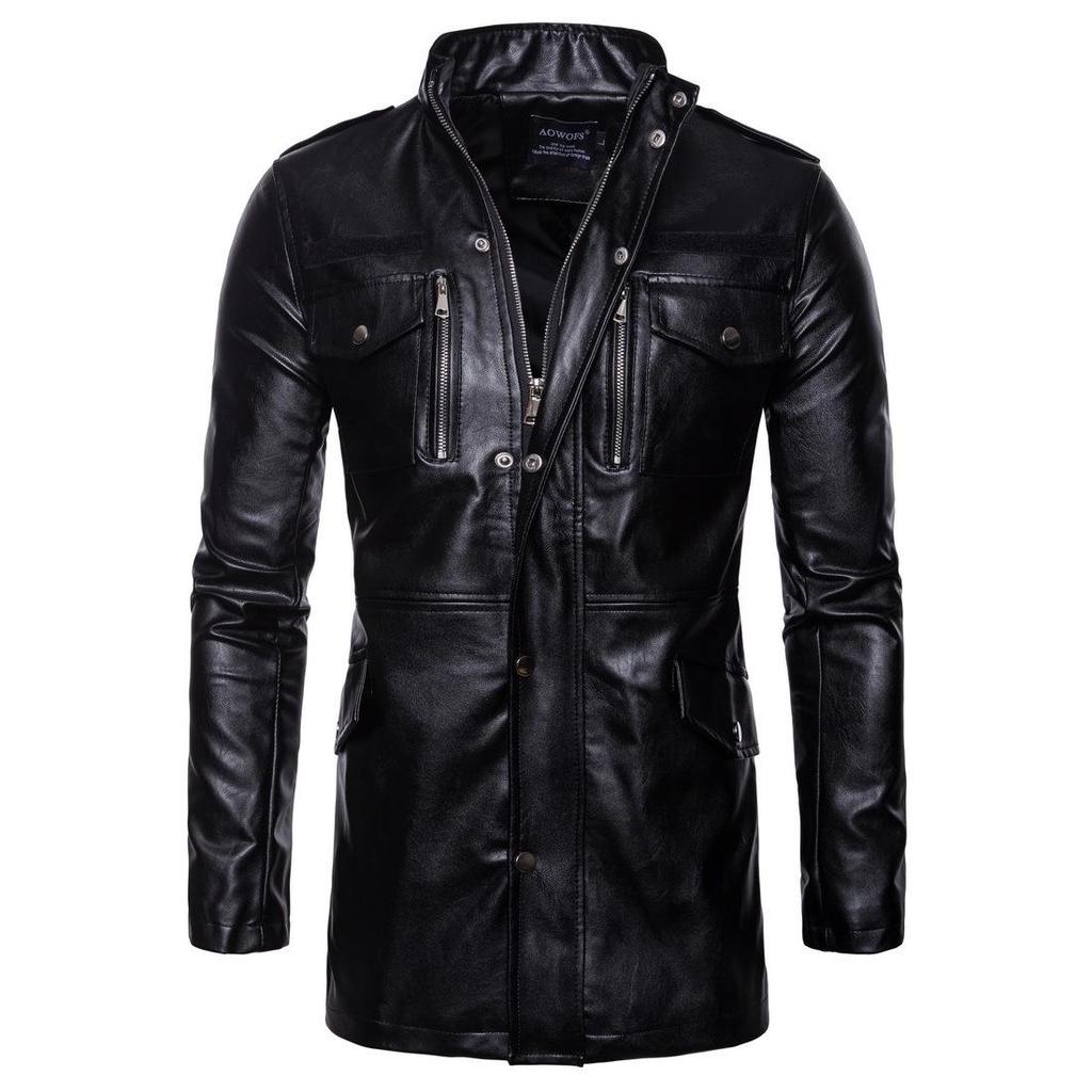 Outono Jaqueta de couro de comprimento médio Gola alta Quatro bolsos Biker Jaqueta de couro para homens