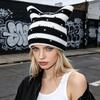 Casual Outdoor Knitted Cap Cat Ear Hat for Women Girls, Striped Slouchy Crochet Headgear Fashionable Daily Wear with Shiny Rhinestones, Cute