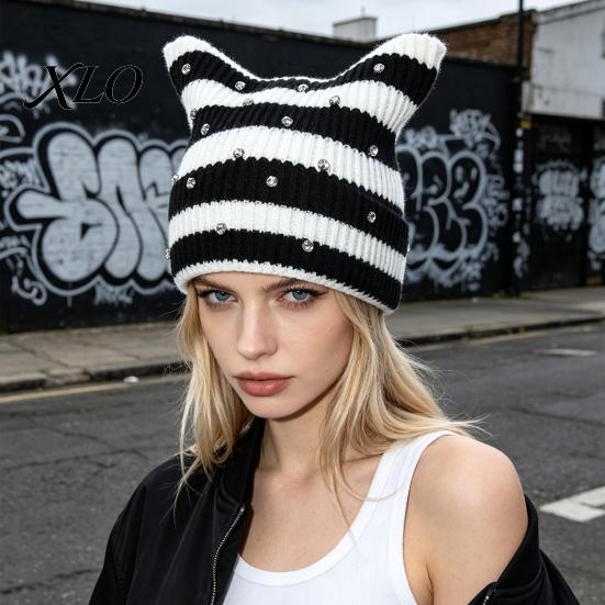 Casual Outdoor Knitted Cap Cat Ear Hat for Women Girls, Striped Slouchy Crochet Headgear Fashionable Daily Wear with Shiny Rhinestones, Cute