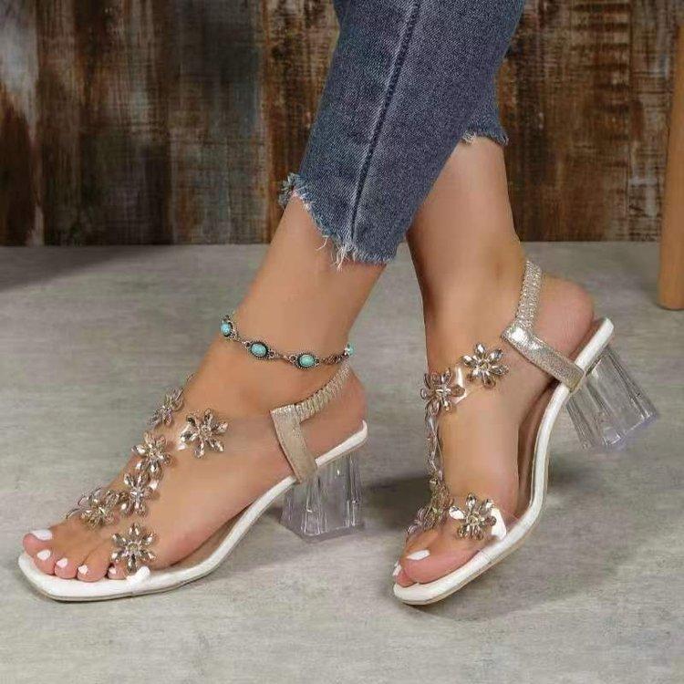 Fashion large size women's sandals 2025 spring and summer new square head crystal thick heel medium heel transparent women's high heels