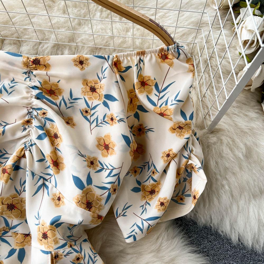 Blumenkleider Damen Sommer Französische Eustoma Ein Schulter Kurze Ärmel Teepause Schlitz Knielang Kleid