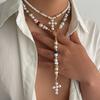 2Pcs/Set Hiphop Punk Imitation Pearl Cross Pendant Necklace for Men Women Goth Double Layered Necklace Y2K Jewelry Gifts