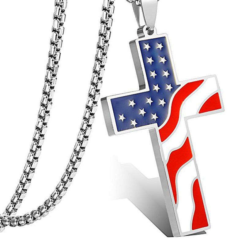 USA Flag Necklace Earrings Set Alloy Cross Pendant Patriotic Themed Jewelry for Men Women 4th of July Celebration Wear