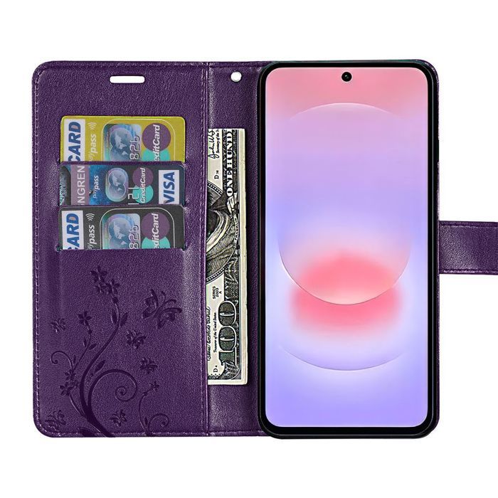 Coque pour Samsung Galaxy A37 5G, Protection Cuir Synthétique Antichoc Violet Foncé Motif Papillon