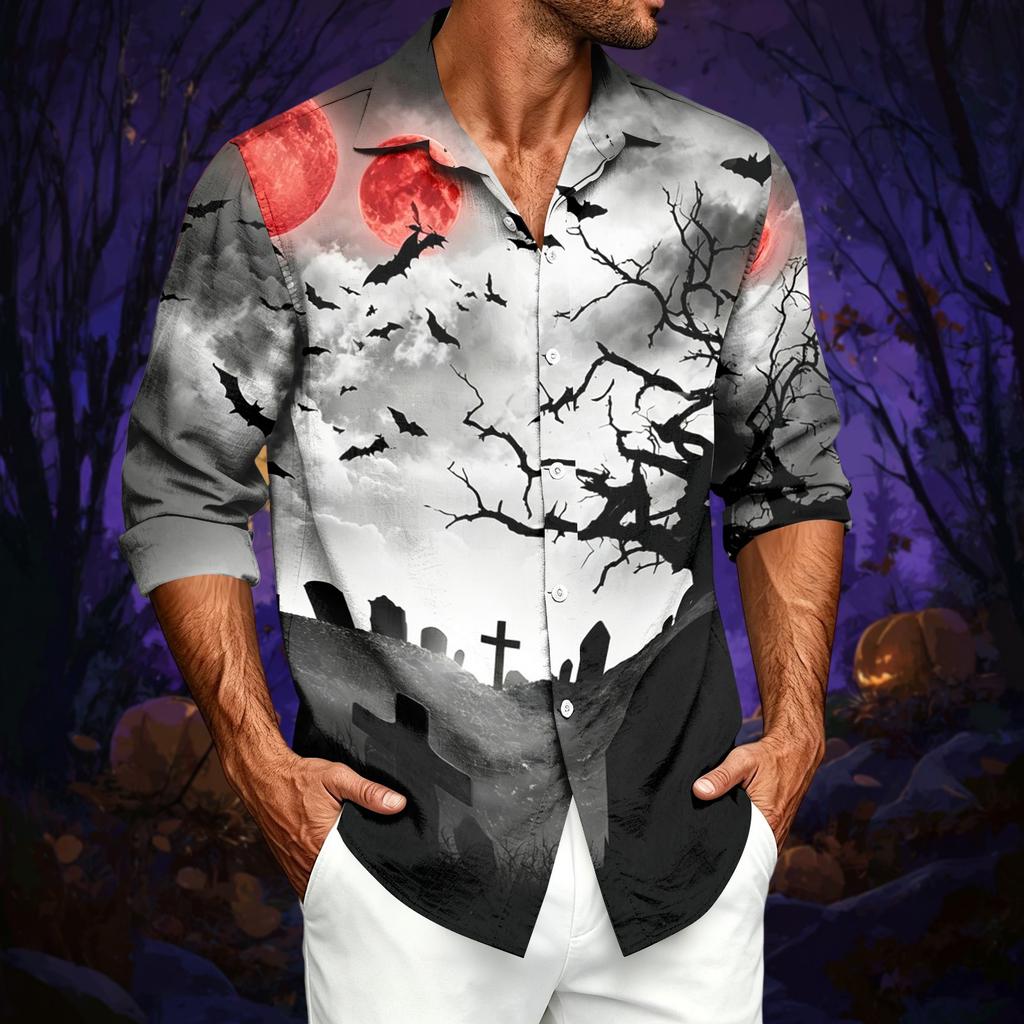 Men's Casual Long Sleeve Print Shirt with Halloween Design for Spring and Fall