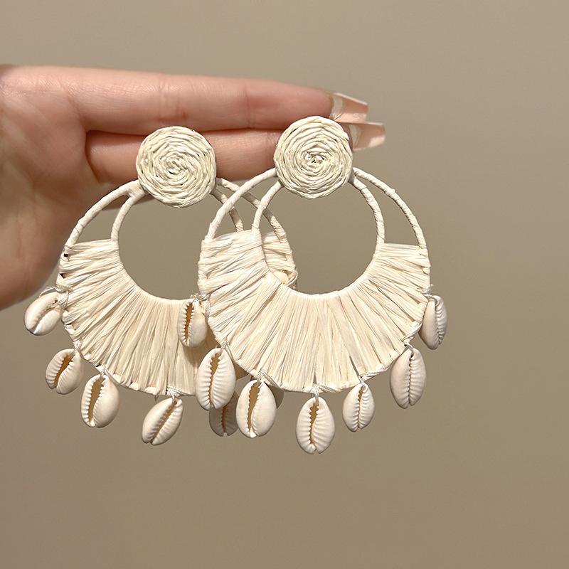 Raffia Shell Conch Pendant Earrings Seaside Vacation Atmosphere Earrings Niche Fashion Versatile Earrings