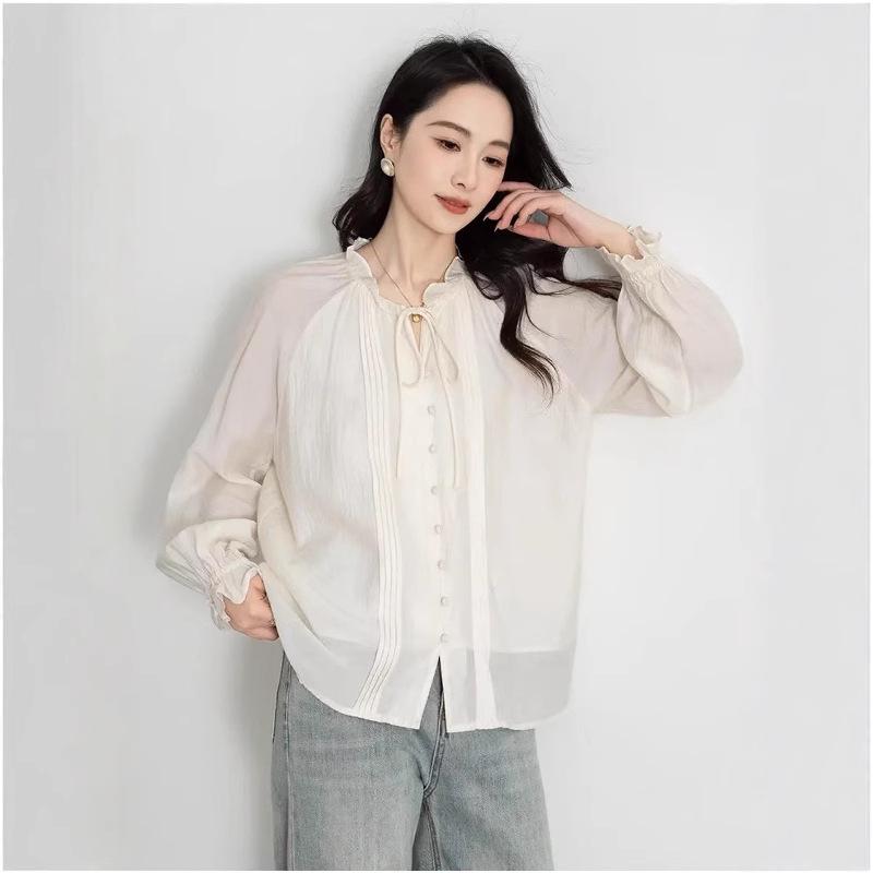 Women's Ruffle Tie-Up Blouse - Long Sleeve, 2025 Spring/Summer French Style