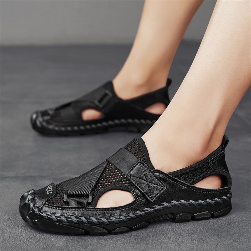 Herren Outdoor Wandersandalen Handgefertigt Sommer Römische Sandalen Retro Weit Geschlossene Zehen Grau Strand Wasserschuhe Übergröße