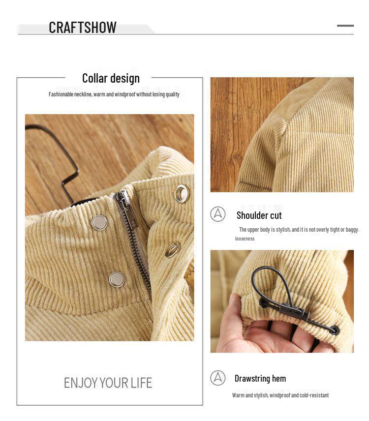 Men's Retro Corduroy Winter Jacket - Thick, Warm, Solid Color, Short Silhouette