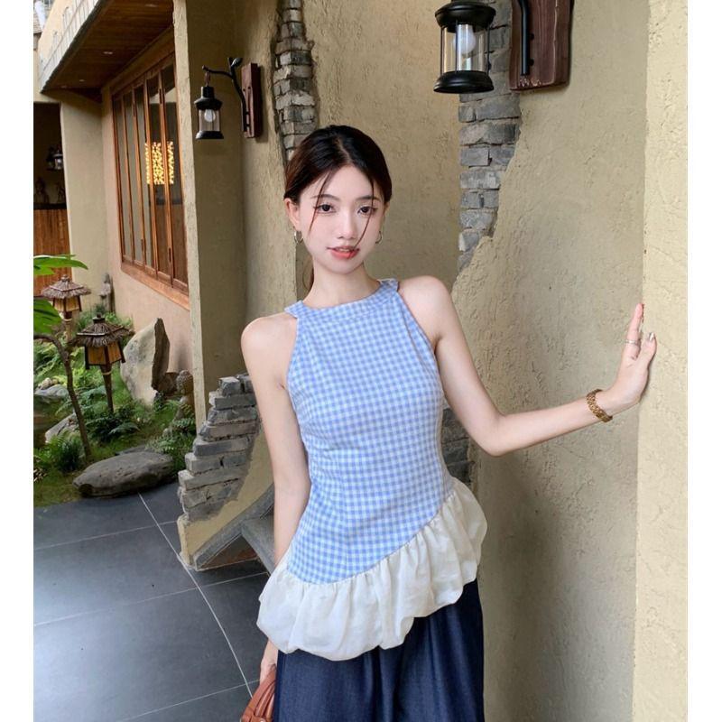 

Женский весенний голубой клетчатый топ-халтер - Необычный сетчатый пэчворк, Приталенная безрукавная верхняя одежда. M Premium