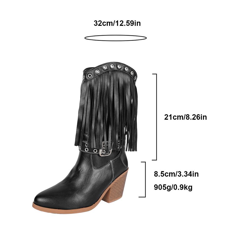 Fashion Women's British-style plus-size high-heeled fashion boots, autumn belt buckle tassels, pointed toe, western mid-calf boots