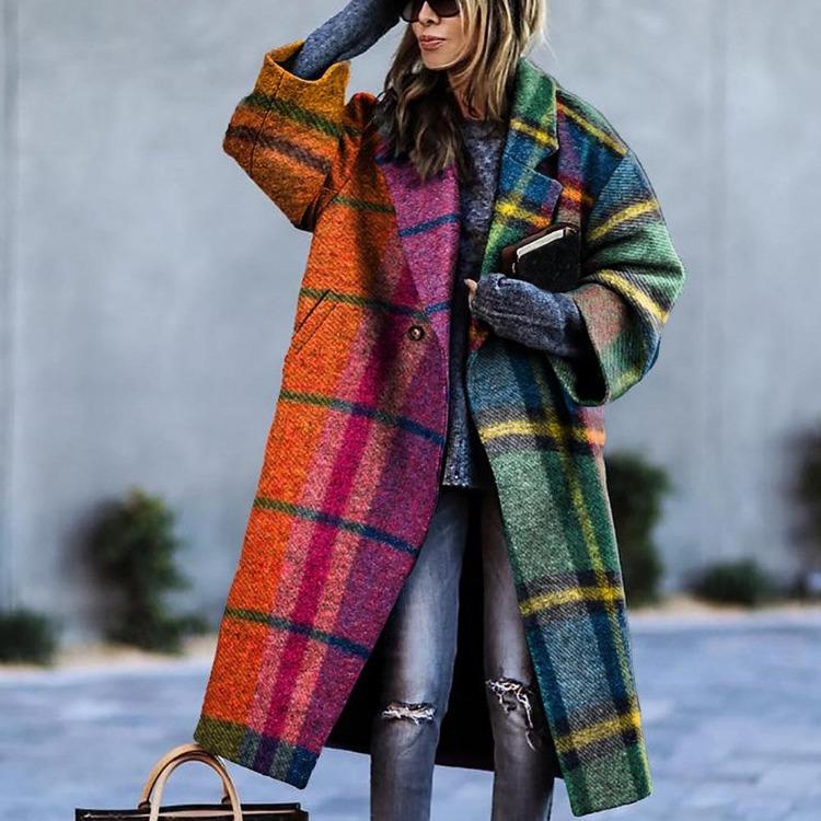 Women Lapel Jacket Autumn Clothing Plaid Long Sleeved Multi Color S