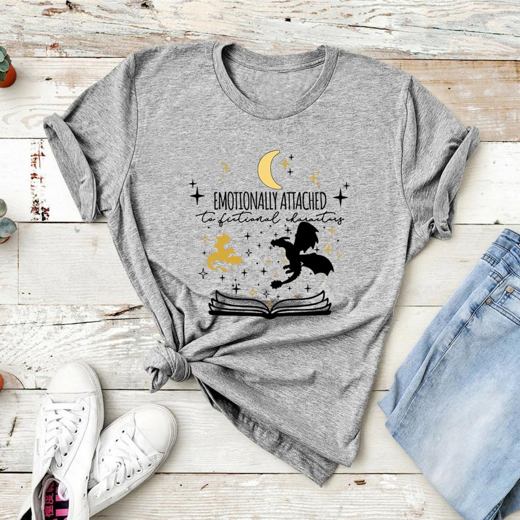 Emotionally Attached To Fictional Characters T-shirt Fourth Wing T Shirts Women Graphic T Shirts Short Sleeve Book Lover Shirt