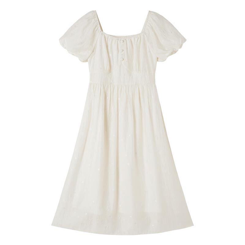 Xiangying Women's Bubble Sleeve Square Neck Textured High-Waist Dress