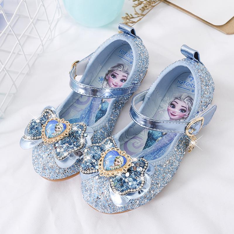 

Girls Crystal Bow Princess Elsa Leather Flat Shoes - Soft Sole, Spring/Autumn 24 синий