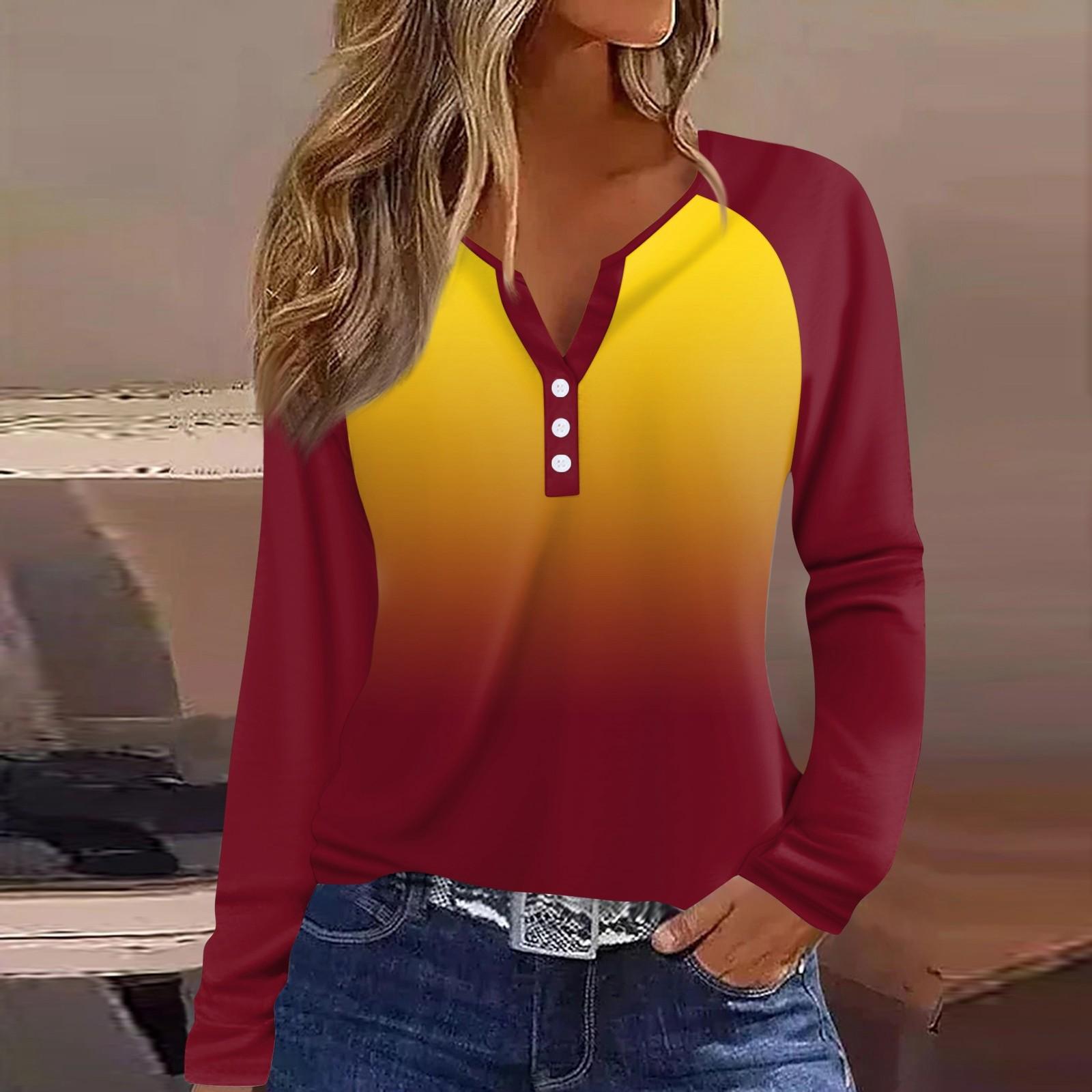 

Женская футболка с принтом, на пуговицах, с длинным рукавом, повседневная, для выходных, модная, базовая, с V-образным вырезом, обычный топ S