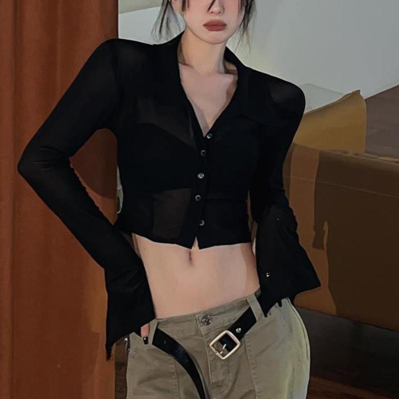 Deeptown Vintage Streetwear Crop Halenky Dámské Jednolité Sexy Průhledné topy ze síťoviny Dámská košile Slim Fit s dlouhým rukávem