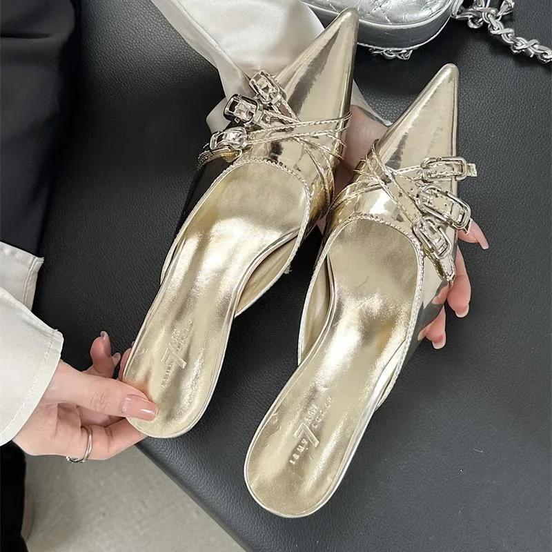 2025 Summer Pointed Toe Shoes Women Pumps Slipper Fashion Decoration Buckle Shallow Slip on Ladies Mules Shoe 4cm High Slides