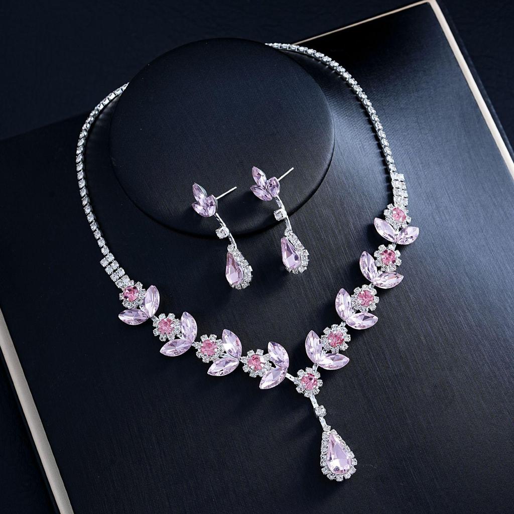 European & American Fashion Purple Crystal Bridal Necklace and Earring Set