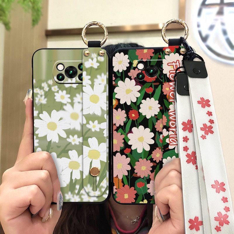 Anti-knock Protective Phone Case For Xiaomi Poco X3 NFC/X3 Pro Durable Oil Painting Phone Holder Wrist Strap Flower Ring