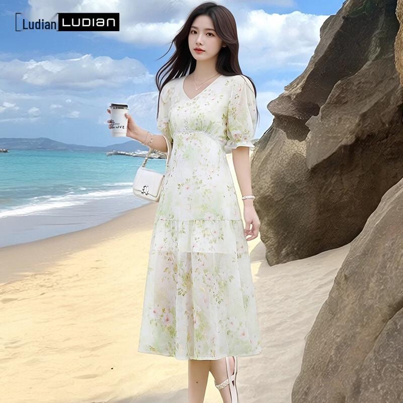 LUDIan Women's V-Neck French Holiday Sweet Long Dress