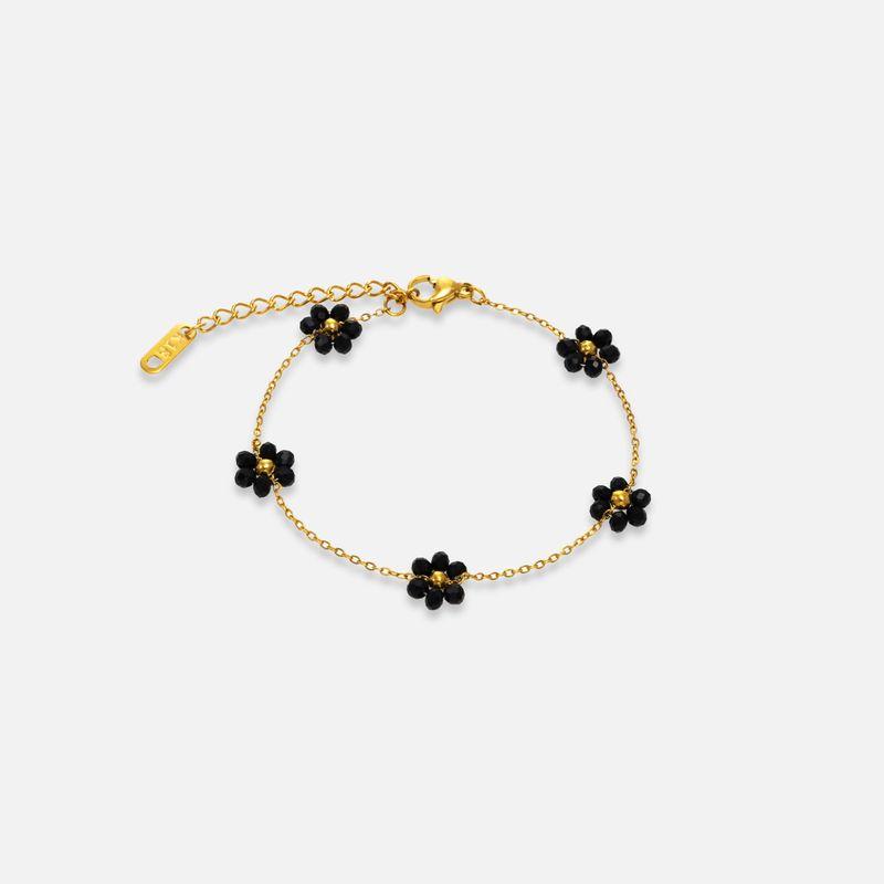 

[Riku Same Style] Black Bracelet Flat Replacement ~ Summer Commute Date All-Match and Sweet Titanium Steel Flower Suit Riku Flat Black Bracelet
