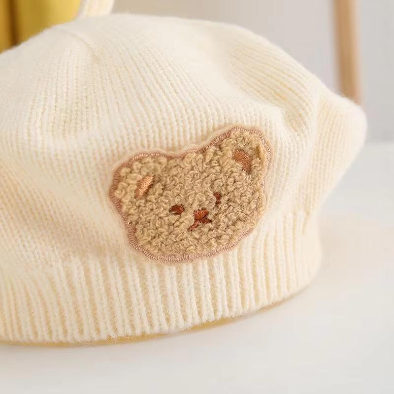 Winter Knit Beret Hat for Baby Cute Cartoon Bear Infant Painter Cap Autumn Winter Warm Woolen Kids Artist Caps